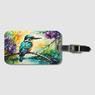Étiquette À Bagage Kingfisher perché au-dessus des Fleurs sauvages d'