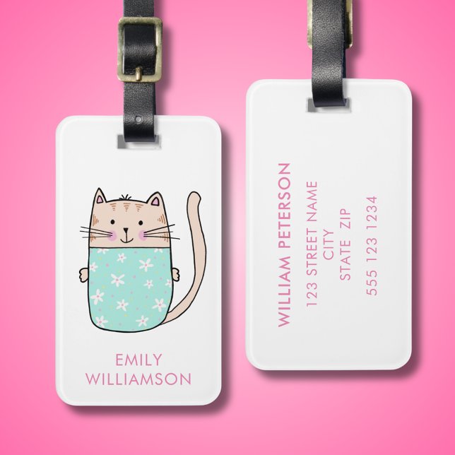 Étiquette À Bagage Kitty Chat Personnalisé (Cute cat illustrated and personalized luggage tag.)