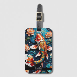 Étiquette À Bagage Koi vibrant et de belles fleurs scène aquatique