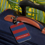 Étiquette À Bagage La Marine et le Rugby Rouge<br><div class="desc">Voyagez en style avec notre étiquette de bagage à rayures de rugby. Le design bleu marine et rouge se distingue sur vos sacs, les rendant faciles à identifier tout en ajoutant une touche sportive à vos voyages. Le nom personnalisable dans le centre assure que votre étiquette de bagage est vraiment...</div>