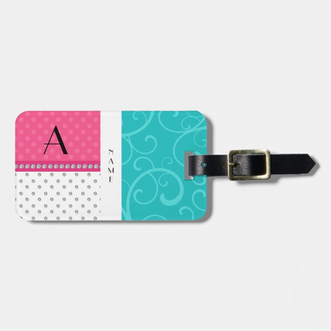 Étiquette À Bagage La turquoise nommée de monogramme tourbillonne (Devant horizontal)