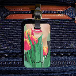 Étiquette À Bagage Lady & Tulip Green Orange moderne peinture graphiq