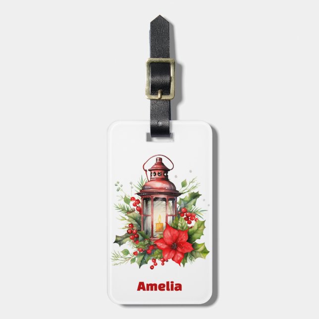 Étiquette À Bagage Lanterne rouge de Noël Poinsettia et pin (Devant Vertical)