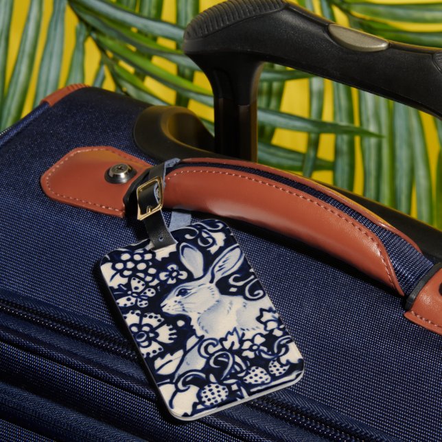 Étiquette À Bagage Lapin bleu et blanc Lapin Floral Bois Nature (Insitu Rectoal 1)
