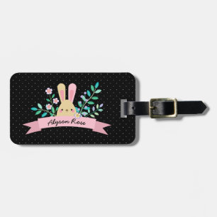 Étiquette À Bagage Lapin Floral   Rose et noir   Nom personnalisé