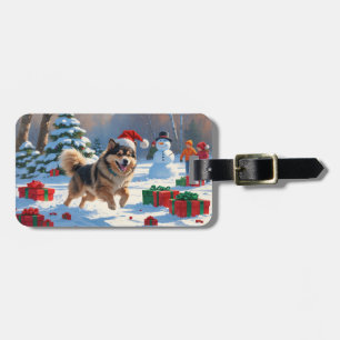Étiquette À Bagage Lapphund finnois courant dans la neige avec un cha