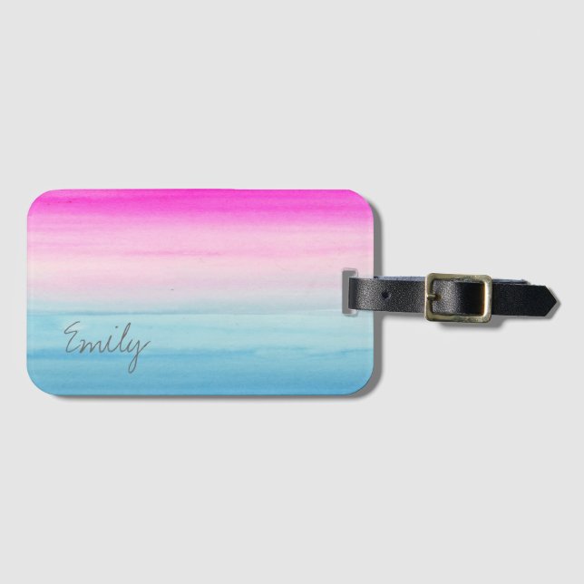 Étiquette À Bagage L'aquarelle rose et bleue | d'Ombre ajoutent votre (Devant Horizontal)