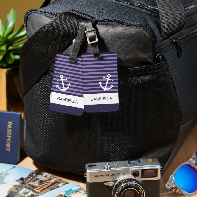 Étiquette À Bagage Lavande Nautique Personnalisée Motif à rayures vio (Recto & Verso)