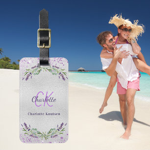 Étiquette À Bagage Lavande violet argent fleurs monogramme nom