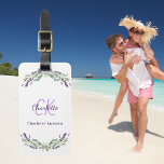 Étiquette À Bagage Lavande violette fleurs monogramme nom blanc<br><div class="desc">Un arrière - plan blanc,  décoré de fleurs de lavande et de verdure d'eucalyptus. Personnalisez et ajoutez un nom et des initiales monographiques. Le nom est écrit avec un script de style moderne écrit à la main.</div>