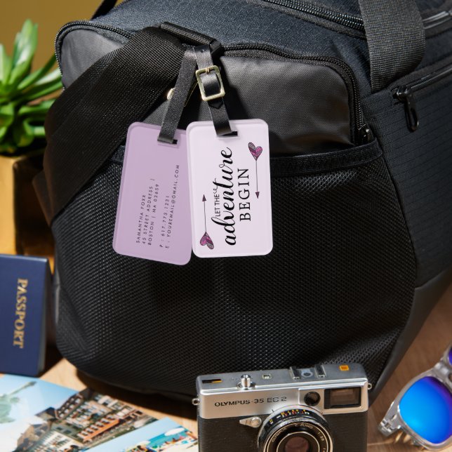 Étiquette À Bagage L'Aventure Commence Flèche Cœur Violet (Recto & Verso)