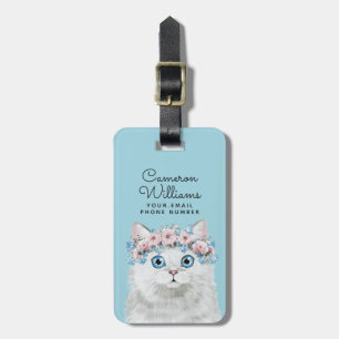 Étiquette À Bagage Le chat floral blanc doux   ajoutent votre nom