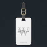 Étiquette À Bagage Le nom et le monogramme des développeurs de script<br><div class="desc">Ajoutez une touche personnelle à votre mariage avec une étiquette de bagage personnalisée pour groomsmen. Cette étiquette de bagage comprend le nom du marionnettiste personnalisé en style de police de script classique gris avec des détails mariages en style de police serif classique gris et monogramme en style de police serif...</div>