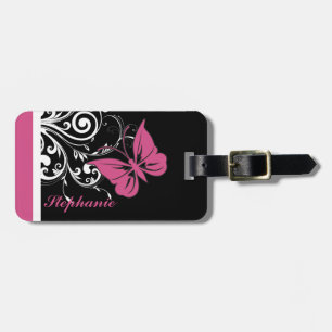 Étiquette À Bagage Le papillon personnalisé tourbillonne rose de