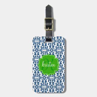 Étiquette À Bagage Le vert moderne bleu arabesque de Damask
