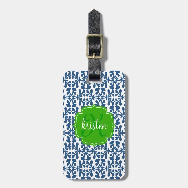 Étiquette À Bagage Le vert moderne bleu arabesque de Damask (Devant Vertical)