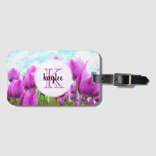 Étiquette À Bagage Légère Magenta Feminine Tulips Monogramme
