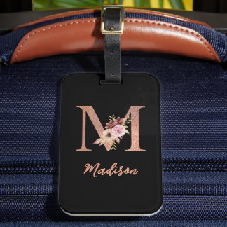 Étiquette À Bagage Letter M Blush pink Glitter Floral Monogram