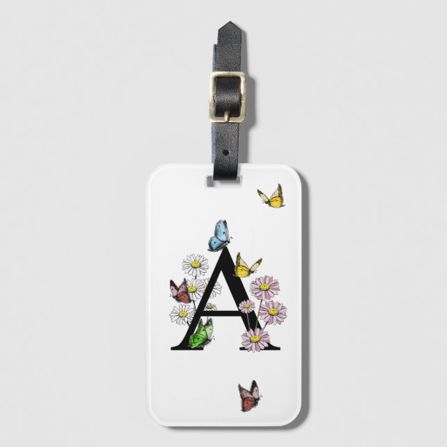 Étiquette À Bagage Lettre A Floral Butterfly Monogramme initial (Devant Vertical)