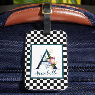 Étiquette À Bagage Lettre A Monogramme Floral Fantaisie Damier