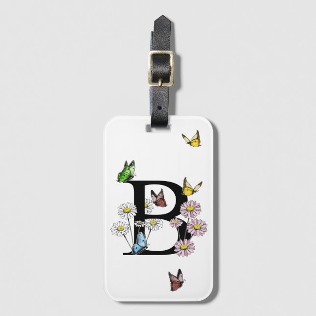 Étiquette À Bagage Lettre B Monogramme de papillon floral initial (Devant Vertical)