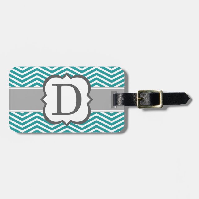 Étiquette À Bagage Lettre blanche turquoise D Chevron de monogramme (Devant horizontal)