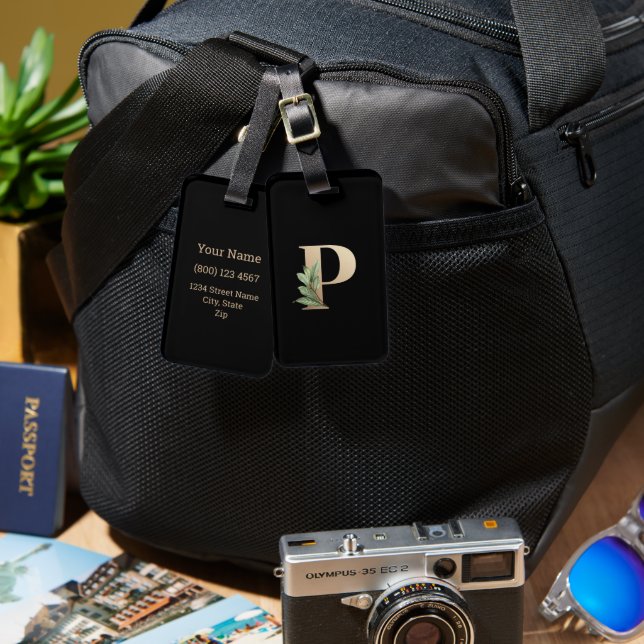 Étiquette À Bagage LETTRE D'OR MONOGRAPHIQUE BOtanique Élégante P (Recto & Verso)