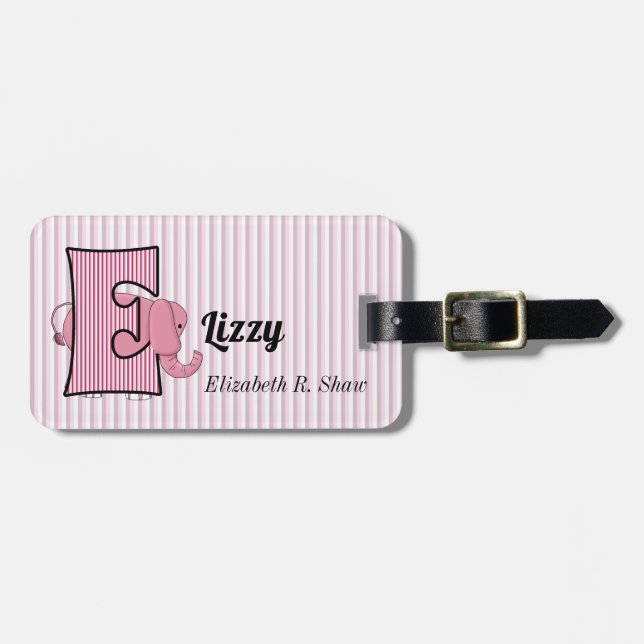 Étiquette À Bagage LETTRE E Éléphant rose pour Filles (Devant horizontal)