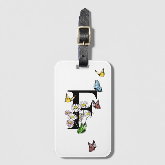 Étiquette À Bagage Lettre F Monogramme de papillon floral initial (Devant Vertical)