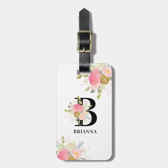 Étiquette À Bagage LETTRE Florale MONOGRAPHIQUE Bouquet rose et or (Devant Vertical)