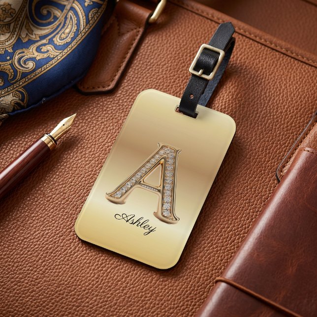 Étiquette À Bagage Lettre initiale A glamour monogramme diamant or (Créateur téléchargé)