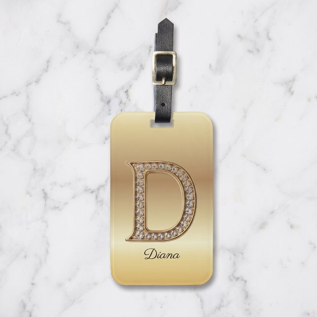 Étiquette À Bagage Lettre initiale D Monogramme Diamant Glam Gold (Créateur téléchargé)