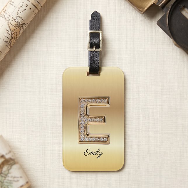 Étiquette À Bagage Lettre initiale E en diamant Monogramme Or Glam (Créateur téléchargé)
