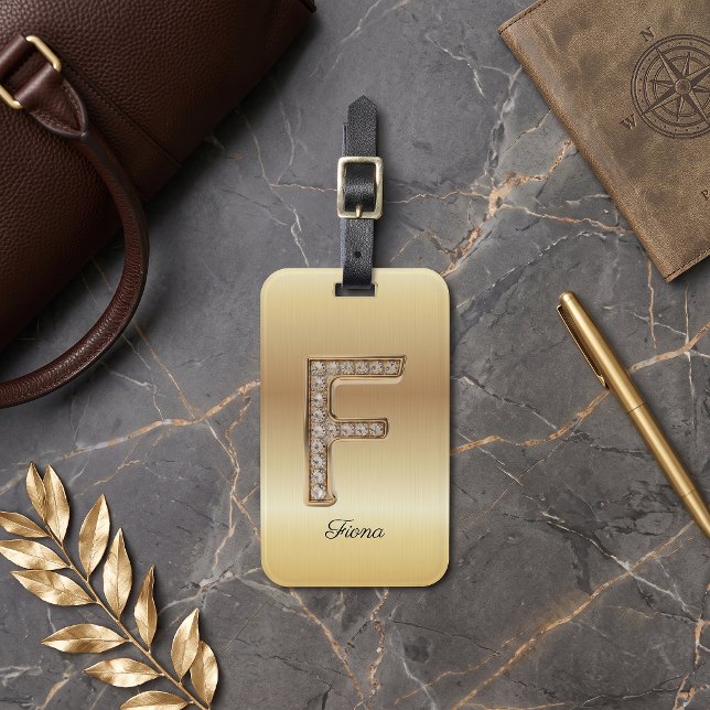 Étiquette À Bagage Lettre initiale F monogramme diamant Glam Gold (Créateur téléchargé)