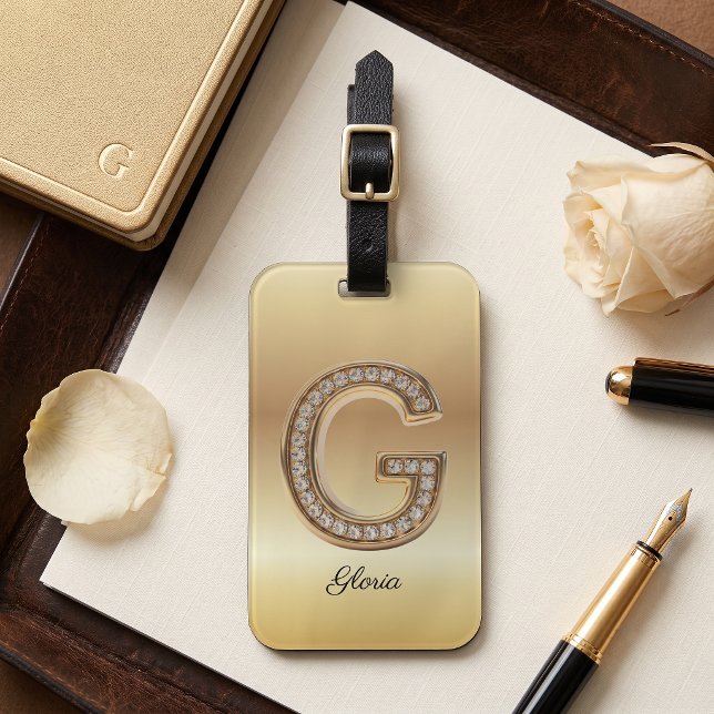 Étiquette À Bagage Lettre initiale G monogramme diamant Glam Gold (Créateur téléchargé)