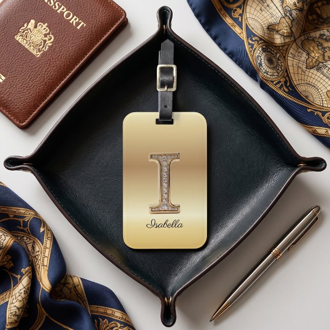 Étiquette À Bagage Lettre initiale I monogramme diamant Glam Gold (Créateur téléchargé)