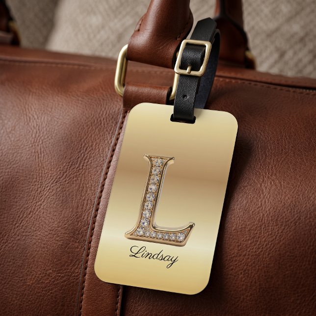 Étiquette À Bagage Lettre initiale L monogramme diamant Glam Gold (Créateur téléchargé)