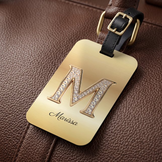 Étiquette À Bagage Lettre initiale M en monogramme diamant Glam Gold (Créateur téléchargé)