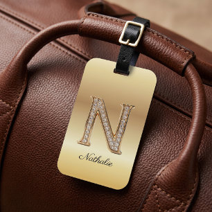 Étiquette À Bagage Lettre initiale N monogramme diamant Glam Gold