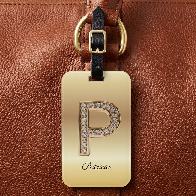 Étiquette À Bagage Lettre initiale P monogramme diamant Glam Gold (Créateur téléchargé)