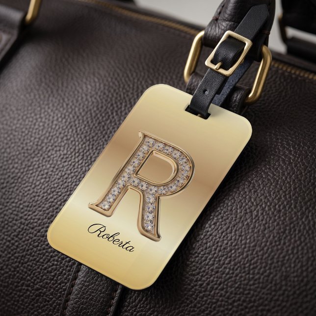 Étiquette À Bagage Lettre initiale R monogramme diamant Glam Gold (Créateur téléchargé)