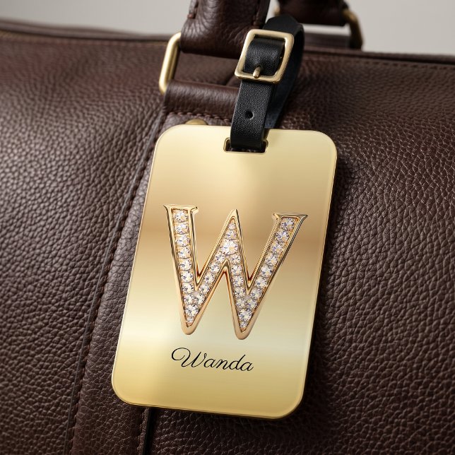 Étiquette À Bagage Lettre initiale W en diamant Glam Gold Monogram (Créateur téléchargé)
