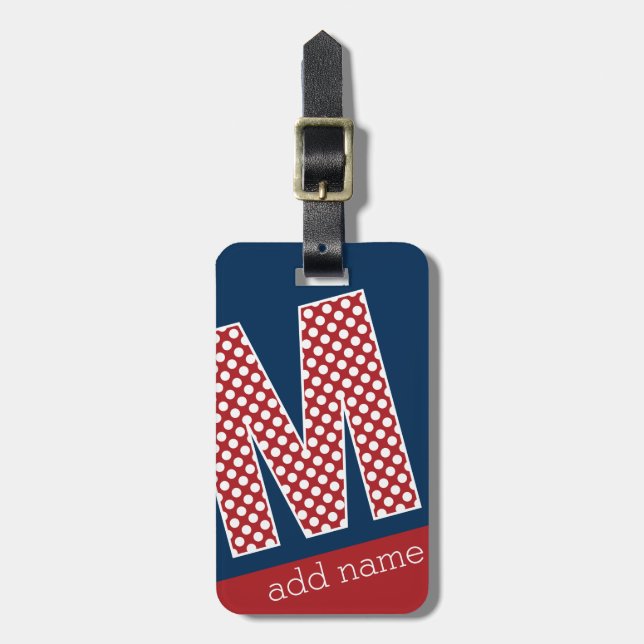 Étiquette À Bagage Lettre monographie M - Pois rouge et blanc (Devant Vertical)