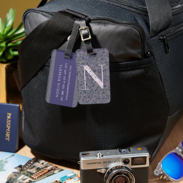 Étiquette À Bagage LETTRE MONOGRAPHIQUE Florale Classique N violet fo (Recto & Verso)