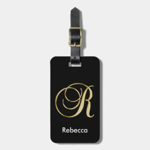 Étiquette À Bagage Lettre noire élégante R de monogramme d'or avec le