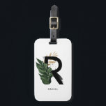 Étiquette À Bagage LETTRE PÂTE DE PÂTE TRAVERSÉE R MONogramme BRIDESM<br><div class="desc">Lettre moderne et d'inspiration boho R monogramme bagage tag. Il présente des illustrations aquarelles de feuilles de palmiers tropicales aux accents de feuilles d'or imitation et de brosses noires. Personnaliser en ajoutant un nom. Cette étiquette monogramme de cactus moderne sera parfaite comme cadeau de femme de ménage, cadeau d'anniversaire et...</div>