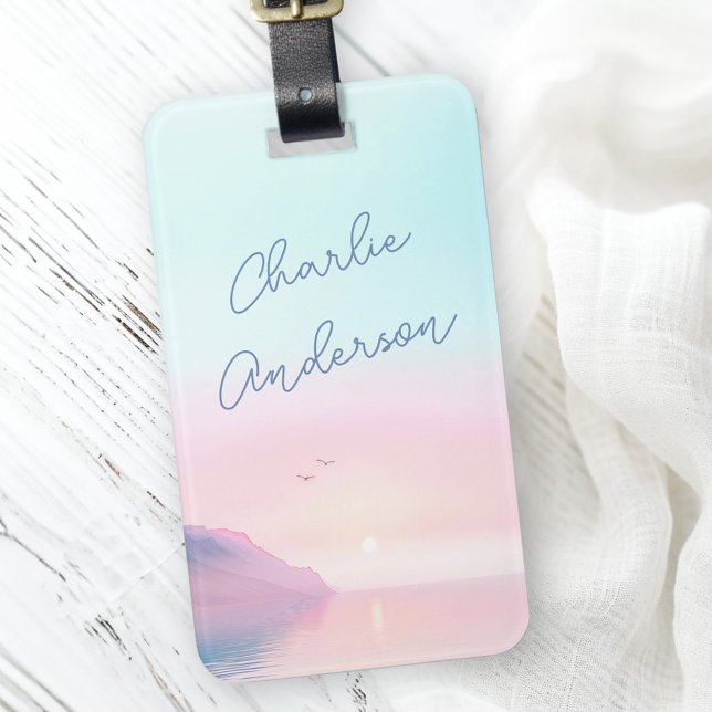 Étiquette À Bagage Lever doux pastel avec nom de script d'oiseaux (Soft pastel sunrise with birds script name luggage tag)