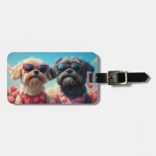 Étiquette À Bagage Lhasa Apso avec Roses de coeur Saint Valentin
