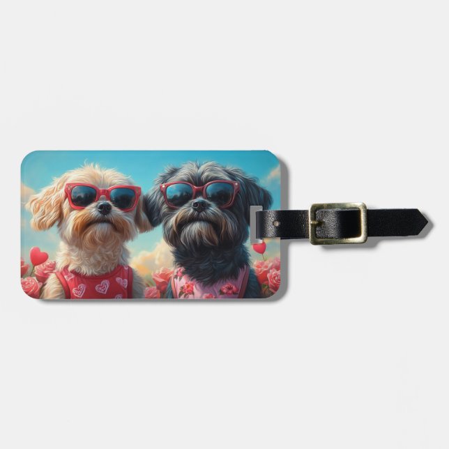 Étiquette À Bagage Lhasa Apso avec roses de la Saint-Valentin (Devant horizontal)