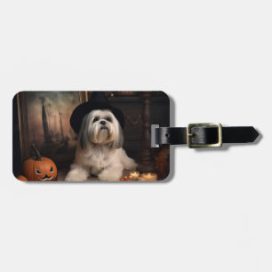 Étiquette À Bagage Lhasa Apso Citrouilles Halloween Épouvantable